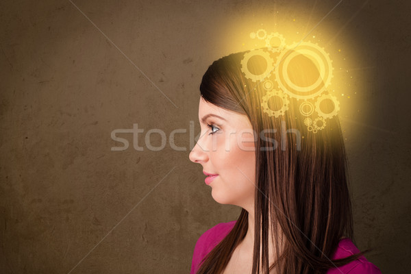 Stock photo: Clever girl thinking with a machine head illustration