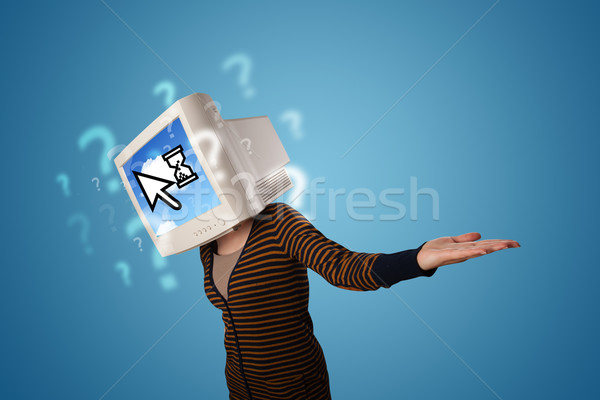 Stock photo: Person with a monitor head and cloud based technology on the scr