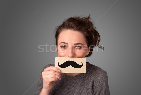 Glücklich cute Mädchen halten Papier Schnurrbart Stock foto © ra2studio