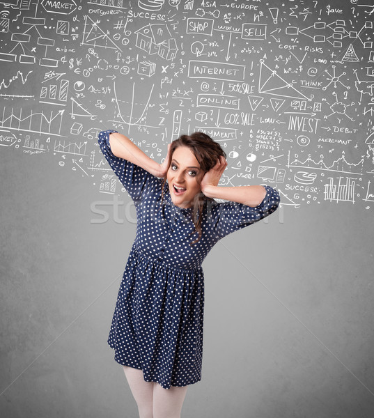 Young pretty lady with hand drawn calculations and icons Stock photo © ra2studio