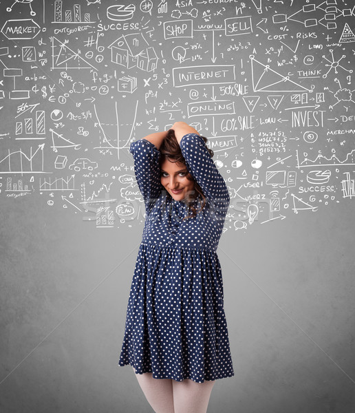 Young pretty lady with hand drawn calculations and icons Stock photo © ra2studio