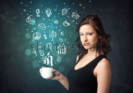 Businesswoman holding a white cup with business icons Stock photo © ra2studio