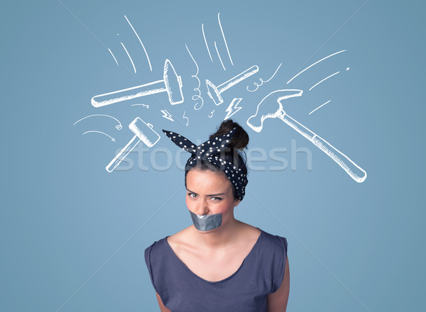 Fiatal nő száj kalapács fehér rajzolt körül Stock fotó © ra2studio
