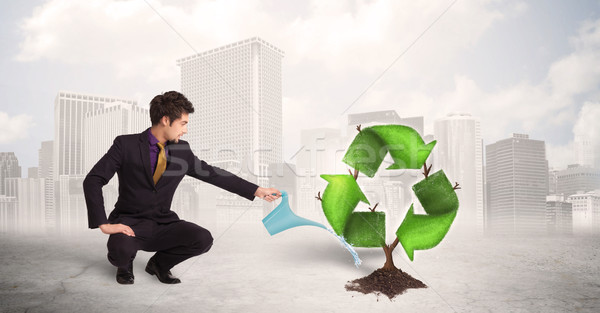 Business man watering green recycle sign tree on city background Stock photo © ra2studio