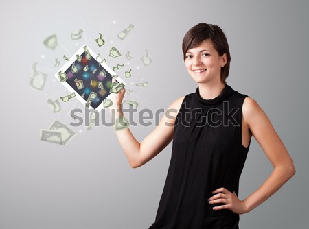 Stockfoto: Jonge · vrouw · tablet · geld · mooie · business