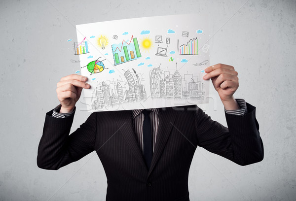 Businessman holding a paper with charts and cityscape in front o Stock photo © ra2studio