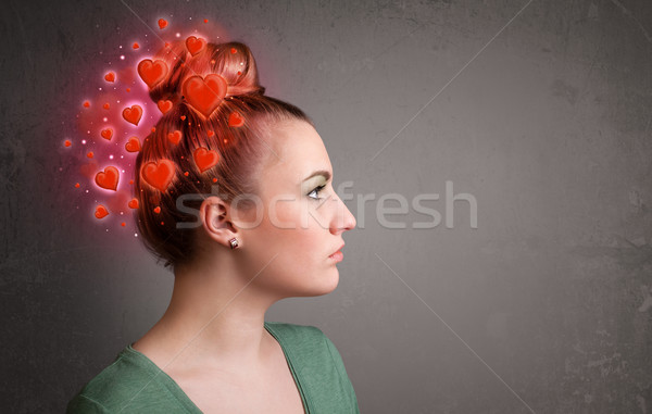 Foto stock: Jovem · pessoa · pensando · amor · vermelho · corações