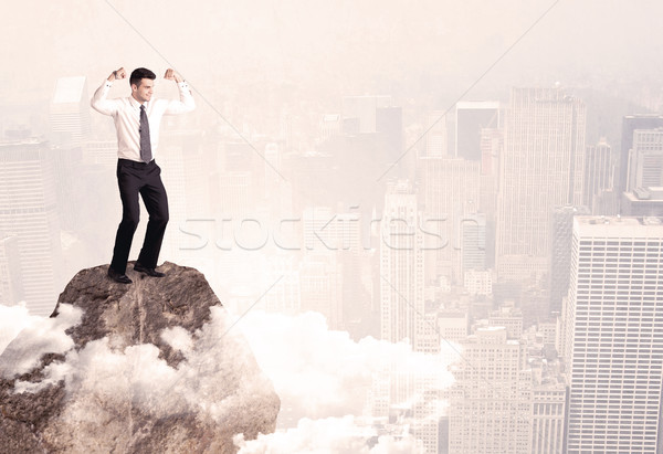 Happy businessman standing on stone top Stock photo © ra2studio