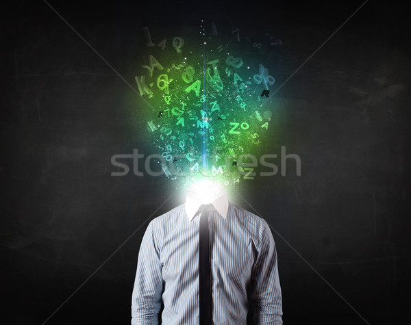 Business man with abstract glowing letters on head Stock photo © ra2studio