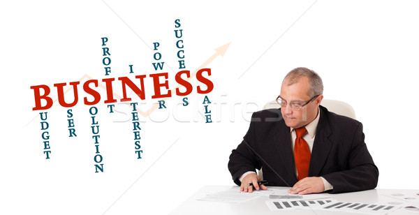 businessman sitting at desk with word cloud Stock photo © ra2studio