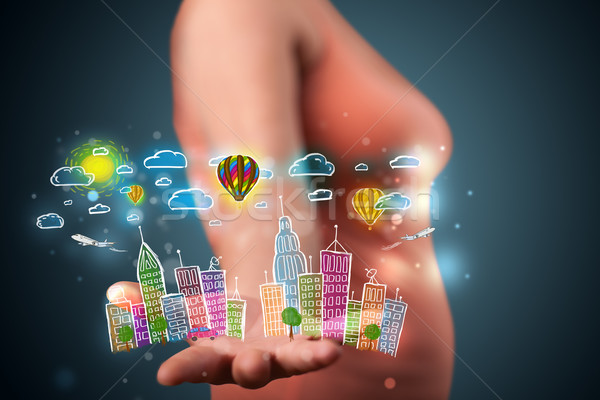 Stock photo: Young woman presenting colorful hand drawn metropolitan city