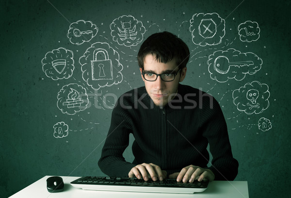 Stockfoto: Jonge · nerd · hacker · virus · hacking · gedachten