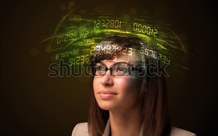 Stock foto: Business · woman · schauen · groß · Tech · Zahl · Computer
