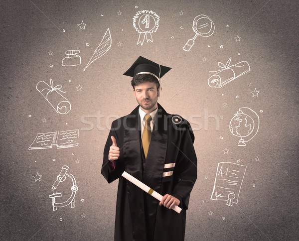 Happy graduate teenager with hand drawn school icons Stock photo © ra2studio