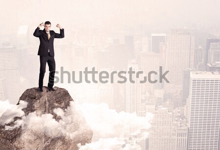 Happy businessman standing on stone top Stock photo © ra2studio