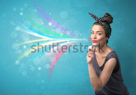 Gyönyörű lány fúj absztrakt színes buborékok vonalak Stock fotó © ra2studio