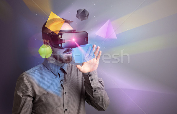 Zakenman virtueel realiteit stofbril verwonderd kleurrijk Stockfoto © ra2studio