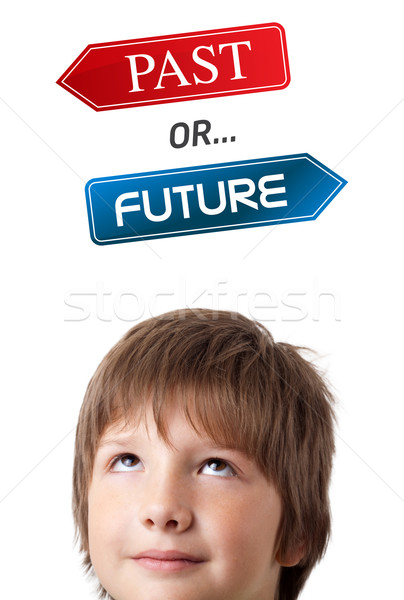 Stock photo: Young head looking at positive negative signs