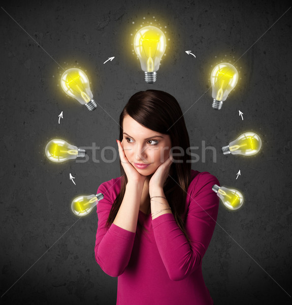 若い女性 思考 電球 周りに 頭 ストックフォト © ra2studio