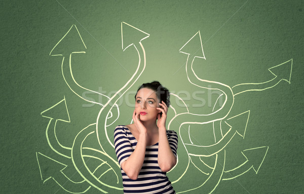 Foto stock: Hermosa · niña · pensando · solución · jóvenes · estudiante