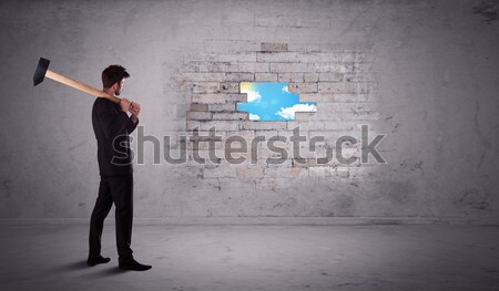 Business man hitting brick wall with hammer Stock photo © ra2studio