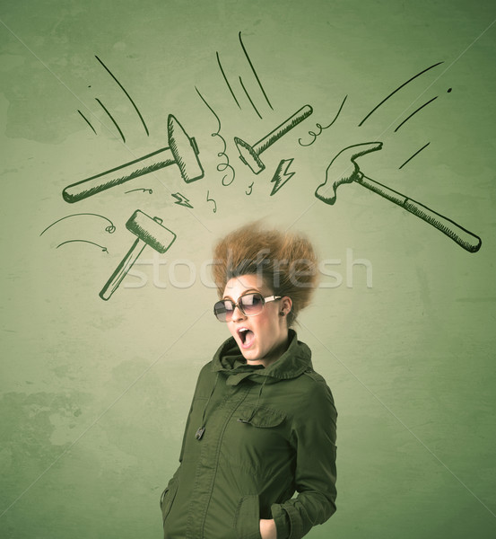 Fáradt nő hajstílus fejfájás kalapács szimbólumok Stock fotó © ra2studio