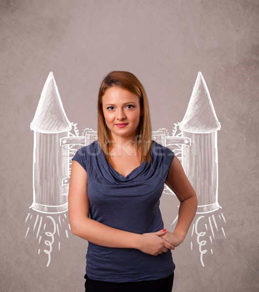 Cute girl with jet pack rocket drawing illustration Stock photo © ra2studio
