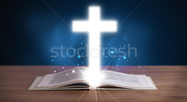 Nyitva szent Biblia izzó kereszt középső Stock fotó © ra2studio