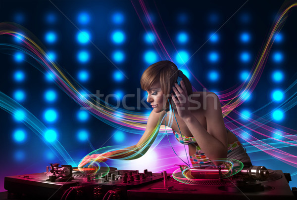 Fiatal lány lemezek színes fények gyönyörű Stock fotó © ra2studio