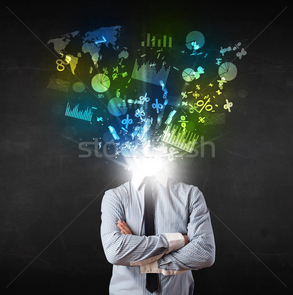 Business man in suit with graph and charts exploding from his bo Stock photo © ra2studio