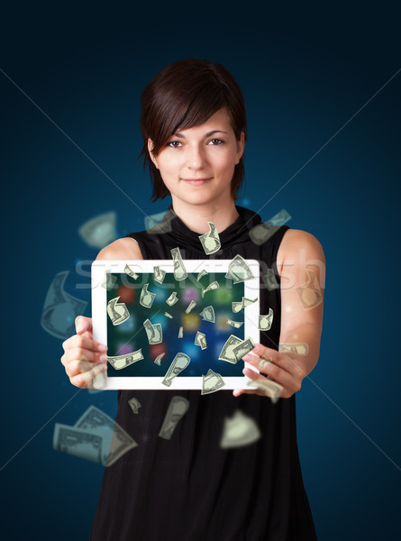 Stockfoto: Jonge · vrouw · tablet · geld · mooie · business