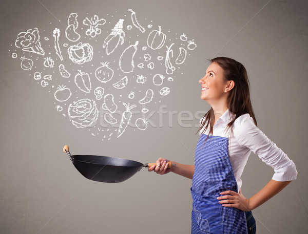 Imagine de stoc: Femeie · gătit · legume · destul · de · doamnă · natură