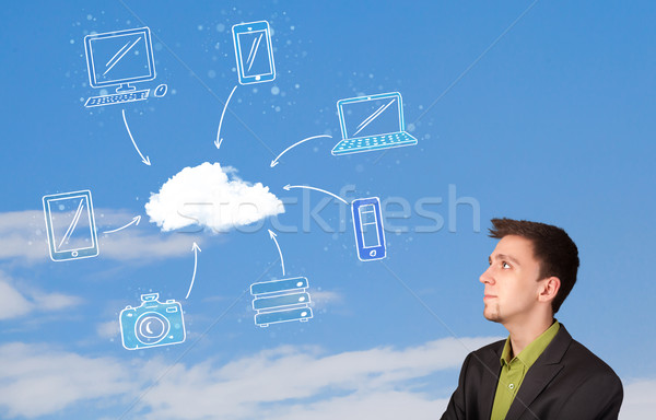 Stock fotó: Jóképű · férfi · néz · felhő · alapú · technológia · kék · ég · üzlet · égbolt