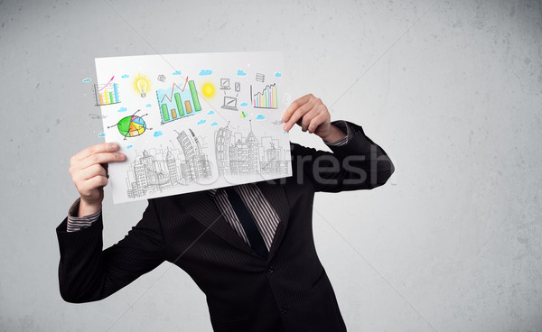 Businessman holding a paper with charts and cityscape in front o Stock photo © ra2studio