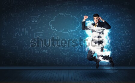 Stockfoto: Gelukkig · zakenman · springen · storm · wolk · rond