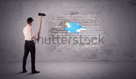 Business man hitting brick wall with hammer Stock photo © ra2studio