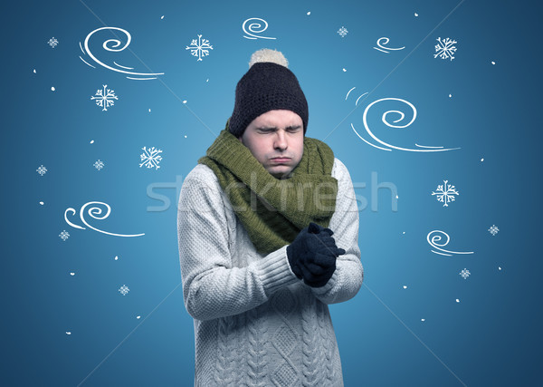 Frozen boy with doodled snowflake and windy concept Stock photo © ra2studio