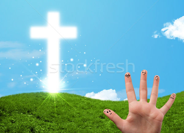 Happy finger smileys with christian religion cross Stock photo © ra2studio