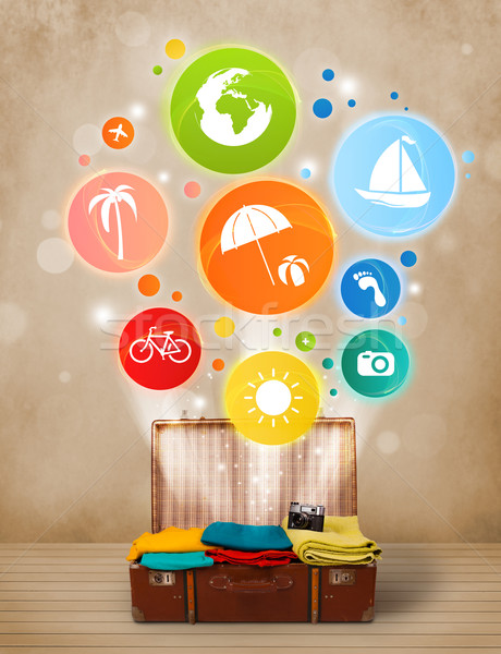 Stockfoto: Koffer · kleurrijk · zomer · iconen · symbolen