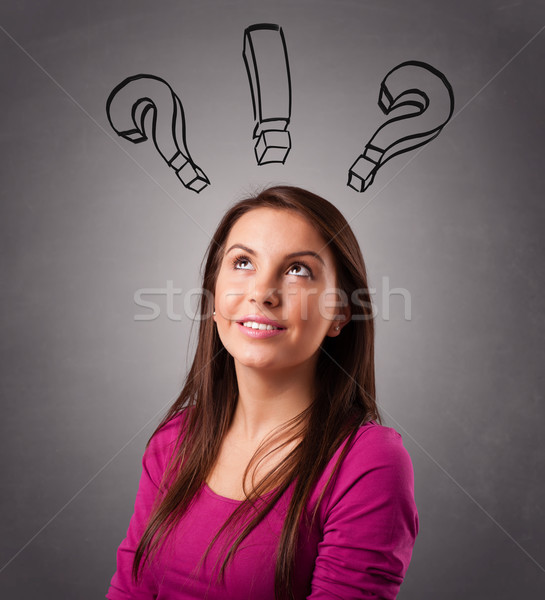 [[stock_photo]]: Jeunes · dame · pense · points · d'interrogation · belle · fille