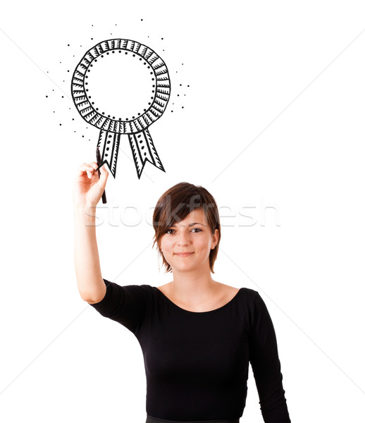 Foto stock: Mulher · jovem · desenho · fita · isolado · branco