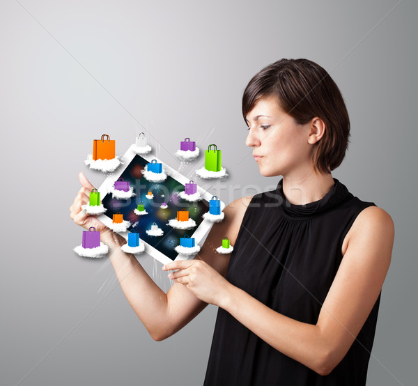 Stockfoto: Mooie · vrouw · moderne · tablet · kleurrijk