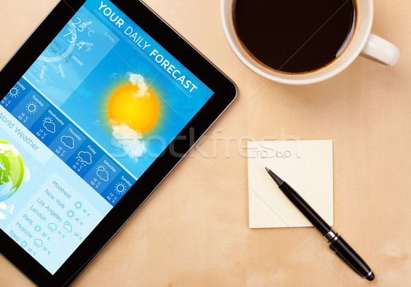 Stock photo: Workplace with tablet pc showing weather forecast and a cup of coffee on a wooden work table closeup