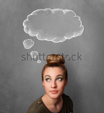 Nadenkend vrouw wolk boven hoofd jonge vrouw Stockfoto © ra2studio