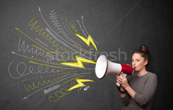 Stock photo: Cute girl shouting into megaphone with hand drawn lines and arro