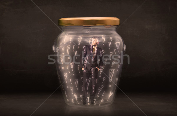 Foto stock: Hombre · de · negocios · atrapado · jar · negocios · vidrio · triste