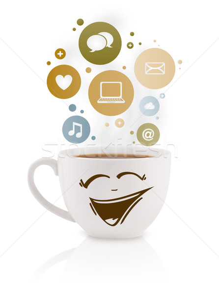 Koffiekopje social media iconen kleurrijk bubbels geïsoleerd Stockfoto © ra2studio