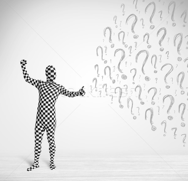3d human character is body suit morphsuit looking at hand drawn question marks Stock photo © ra2studio