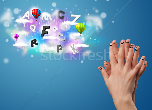 Stock photo: Happy cheerful smiley fingers looking at colorful magical clouds and balloons illustration