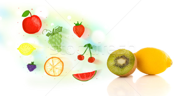 Stock fotó: Színes · gyümölcsök · kézzel · rajzolt · illusztrált · fehér · étel